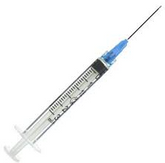 The Exel 3cc(mL) Syringe/Needle Combo by MedPlus features a Luer Lock Tip, 23G x 1½" needle, clear barrel with black plunger, and blue needle cap; sold in a 50 pack for $11.38 per box (price increase effective 6/24/25).